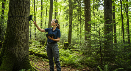 Female engineer researching forest, environmental protection field indicates nature conservation. STEM education, environmental education, forest research and ecology