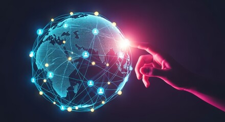 Global Connection Technology: Hand Touching Digital World Network with Light, Data Transfer, and Communication