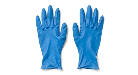 Fototapeta premium Pair of Bright Blue Nitrile Examination Gloves on White Background, Essential for Medical Safety and Hygiene in Healthcare Settings