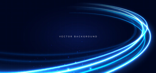 Blue light glowing  curved rays on dark background. Futuristic speed line, techology wireless data communication concept.