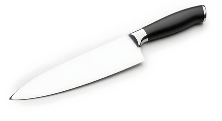 Sharp Stainless Steel Chef's Knife with Black Handle on White Background, Perfect for Culinary Arts and Kitchen Essentials