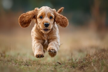 Obraz premium Cute golden cocker spaniel puppy happily running on a grassy field during the golden hour