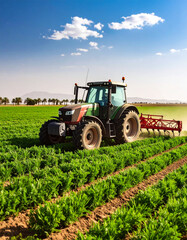 Fototapeta premium Tractor works lush green field, cultivating crops bright blue sky with scattered clouds, creating serene agricultural scene