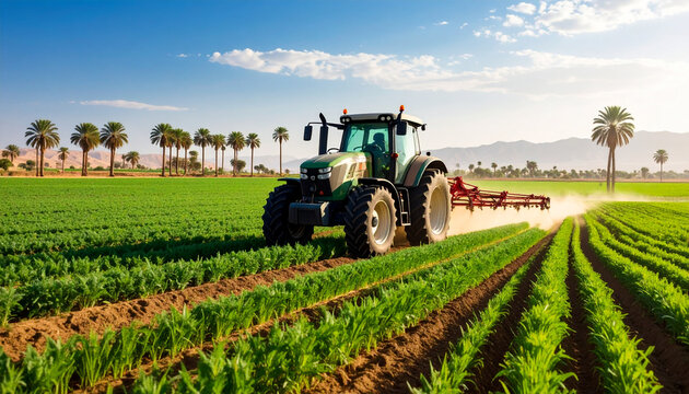 Tractor works in lush green field under clear sky, showcasing agricultural productivity and nature beauty