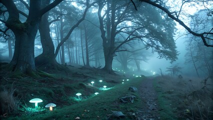 A mystical forest path illuminated by glowing mushrooms under a dense foggy canopy of tall trees