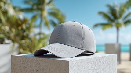 Stylish Gray Cap Resting on a Concrete Block in a Tropical Beach Setting Under Clear Blue Skies