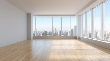 Fototapeta premium Empty Modern Office Interior with Large Windows Overlooking Cityscape, Ideal for Real Estate or Corporate Concepts