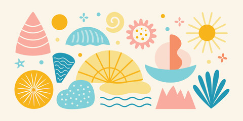 A colorful vector set of Easter eggs, flowers, and a banner with a tropical island illustration