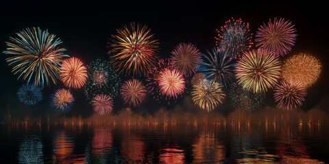 Obraz premium 夜空を彩る鮮やかな日本の花火大会の光景。海面に映り込む花火の反射が幻想的で、夏祭り、夜景、イベント、観光、風景、季節、ポスター、広告、SNS、壁紙、カレンダーなど幅広く使える華やかな作品。