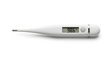 Digital Medical Thermometer Displaying Healthy Temperature on White Background, Essential Tool for Health Monitoring and Wellness