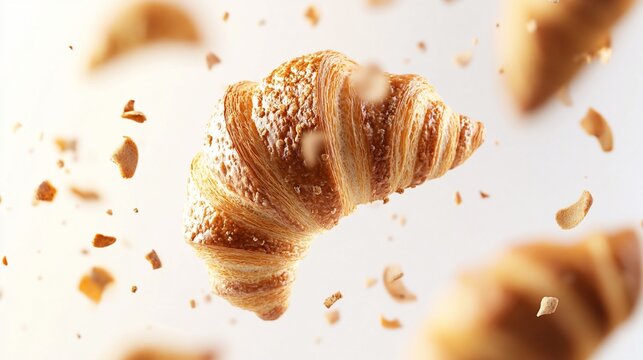 Levitating flaky croissants with scattered crumbs, a culinary dance in mid-air, breakfast pastry delight
