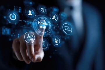 Hand touches digital interface highlighting "Makers Skill" among other icons