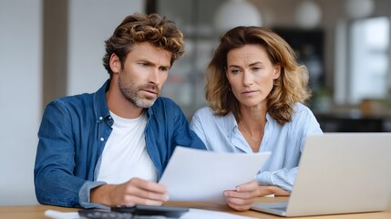 Business partners reviewing expenses together at desk with laptop