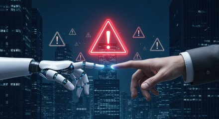 Human and Robot Hands Touching with Warning Signs: Risk of Artificial Intelligence Concept