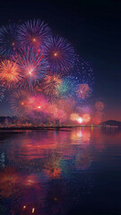 満天の夜空に打ち上がる色鮮やかな日本の花火と、その輝きを映す静かな海面。夏、夜景、観光、イベント、ポスター、広告、SNS、カレンダー、インテリアアートなど多用途に活用できるデザイン。