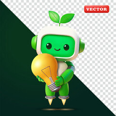 Cute plant robot holding a lamp, 3d vector. Suitable for the environment and green energy