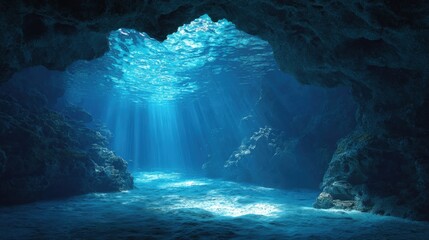 Underwater Cave with Sunbeams Illuminating the Scene, Tranquil Marine Environment with Aquatic Life