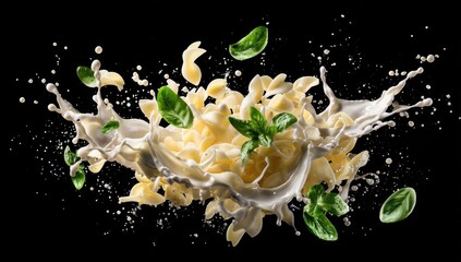 Pasta, basil, and milk splash on black background