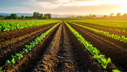 Obraz premium Fresh green seedlings grow in neat rows on fertile farm field, showcasing beauty of agriculture and nature bounty