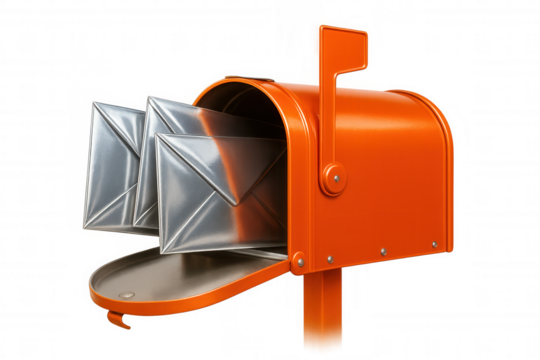 Overflowing orange mailbox crammed with metallic envelopes, symbolizing busy communication network against transparent backdrop