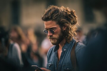 Man with curly hair and sunglasses checks smartphone in a crowded outdoor location during late afternoon