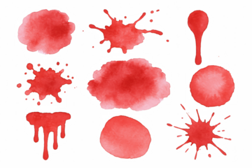 Collection of Vivid Red Watercolor Splatters and Blobs for Artistic and Decorative Applications
