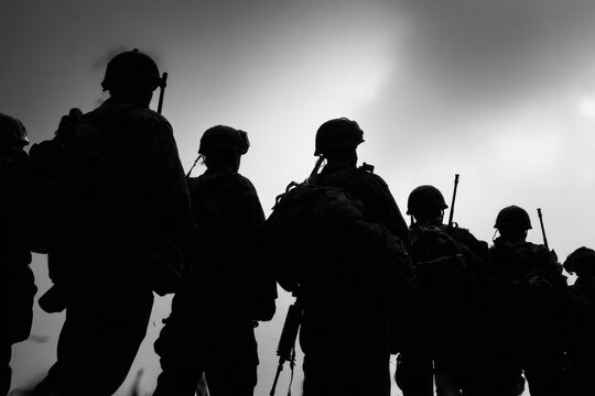 Soldiers march in formation against a cloudy sky during a training drill at a military base in the early morning hours
