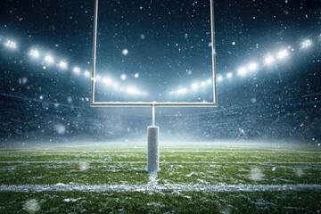 Fototapeta premium Goalpost on Snowy Football Field Under Stadium Lights at Night, Cold Weather Game
