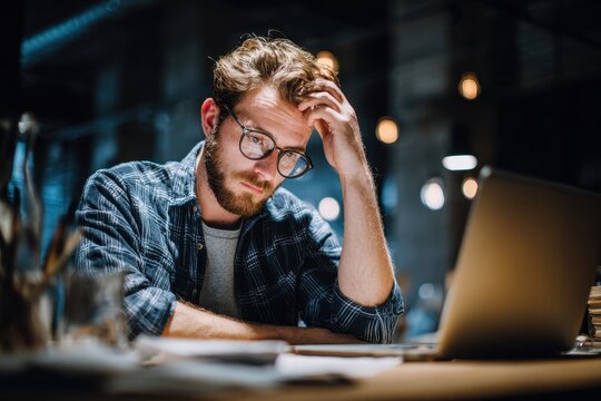 Focused young man working late at night on a laptop in a cozy, dimly lit workspace