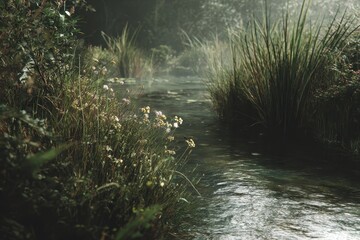Glistening stream surrounded by lush greenery and wildflowers during early morning mist