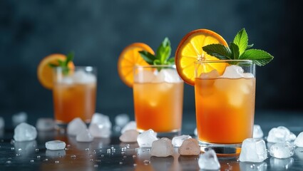 Refreshing orange cocktails with mint and ice on a dark background