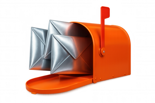 Metallic envelopes spilling from vibrant orange mailbox, symbolizing communication overflow on transparent backdrop