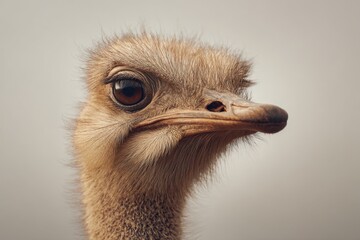 Close-up view of an ostrich head highlighting its detailed features and expressive eyes in natural lighting