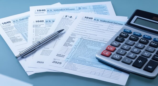 Tax Preparation Concept: Close-up of Tax Forms, Pen, and Calculator on a Table, Representing Financial Planning