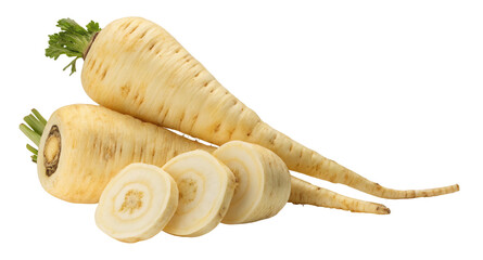 Fresh parsnips with sliced roots displayed on white background healthy vegetable nutrition focus