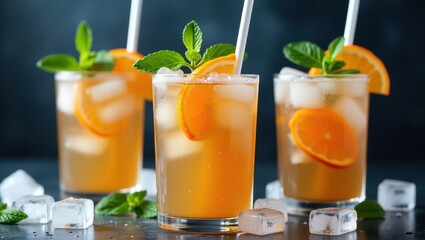 Three refreshing orange cocktails with ice and mint garnish