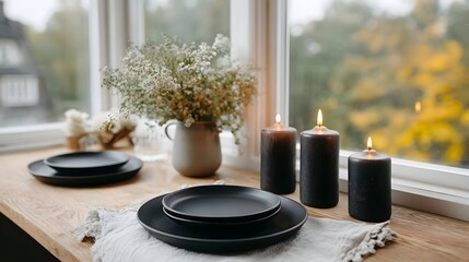 Cozy autumn dinner table setting with nature inspired decor