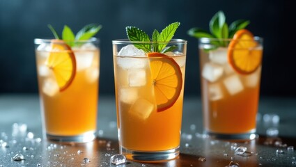 Fototapeta premium Three refreshing orange cocktails garnished with orange slices and mint