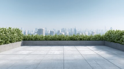 Fototapeta premium Rooftop Terrace with Cityscape View: Modern Urban Balcony with Greenery and Concrete Tiles on a Sunny Day