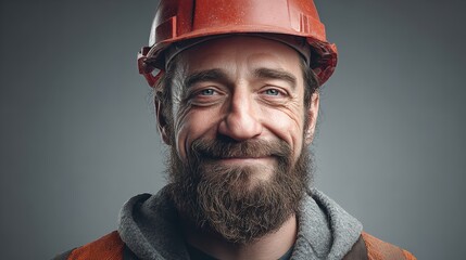 A weathered construction worker with a warm genuine smile after a long day with subtle shadows and focused studio