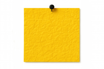Yellow paper note crumpling, pinned with black pushpin against transparent backdrop, highlighting textural detail and minimalist design