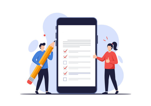 Completing tasks on a checklist using a smartphone and large pencil illustration demonstrating productivity and organization