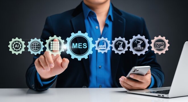 Manufacturing Execution System Concept: Businessman Utilizing MES Interface for Streamlined Production and Automation Processes