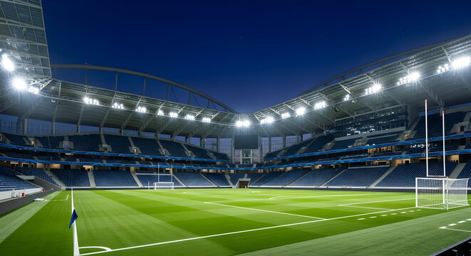 Professional Football Stadium with Floodlights and a Green Field, Ready for a Rugby Match, Capturing the Excitement of the Game and the Thrill of Sports Competition - Powered by Adobe