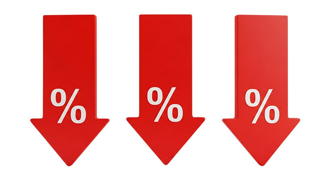 Three red arrows pointing down with percentage symbols isolated on transparent background