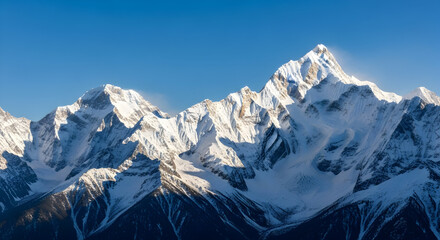 Obraz premium Majestic Snow-Capped Mountain Range with Clear Blue Sky and Bright Sunlight in the Background, Offering a Stunning Winter Landscape and Adventure Opportunity