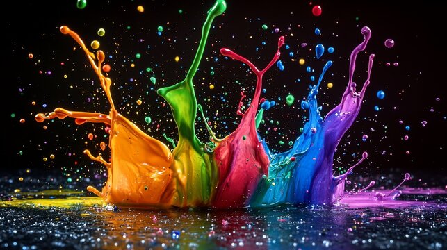 Vibrant rainbow paints create dynamic streaks and splashes against a dark textured backdrop