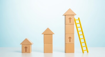 Conceptual Image of Growth Demonstrated by Increasing Heights of Wooden Block Houses with Rising Arrows