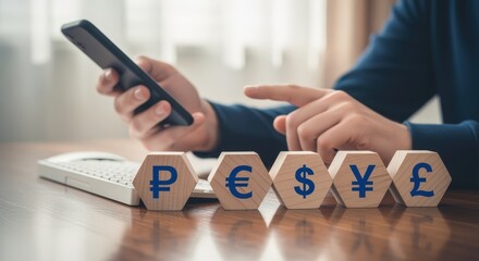Currency Symbols on Wooden Blocks with Hand Holding Smartphone for Online Trading and Investment Concept