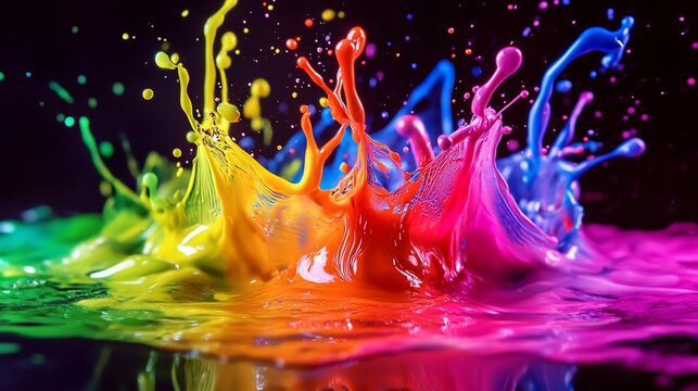 Dynamic Fluid Rainbow Paint Splashes on Textured Surface, a Vibrant Display of Color and Movement